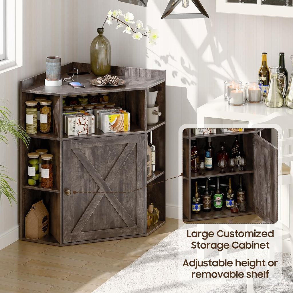 Halitaa Corner Storage Cabinet, Farmhouse Corner Bookshelf with Storage 6-Cubby Wooden Cabinet with USB Ports and Outlets Industrial Organizer for Small Space, Study, Playroom, Living Room