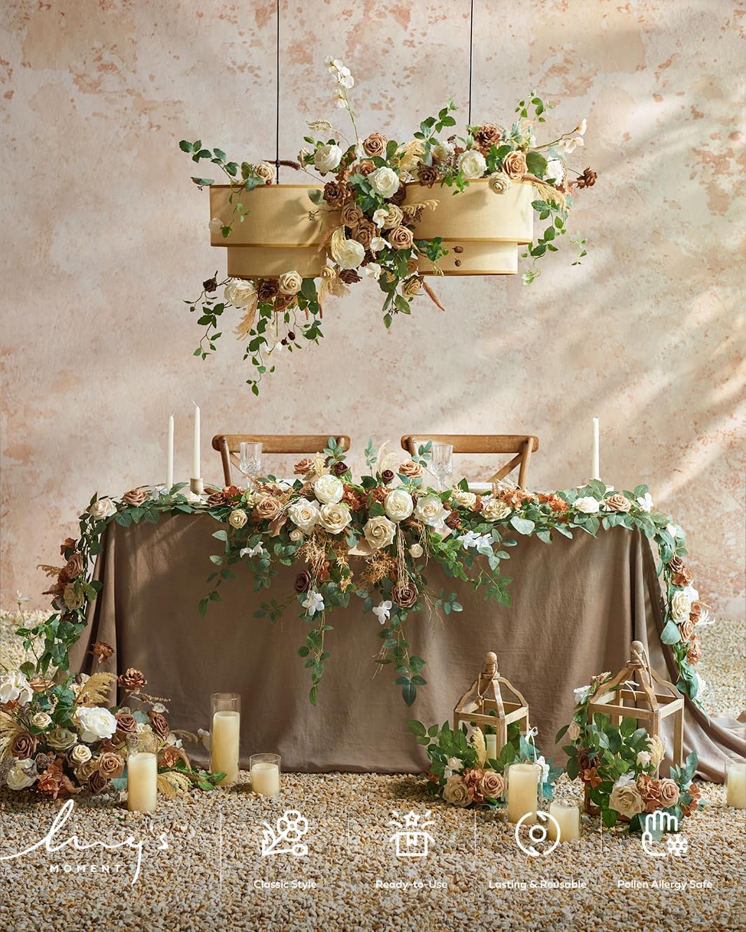 Ling's moment 9FT Spring Flower Garland for Backdrop Decorations - Wedding Arch Flowers, Eucalyptus & Rose, Artificial Floral Garland for Mantel - Sweetheart Table Decor for Reception, Beige Brown