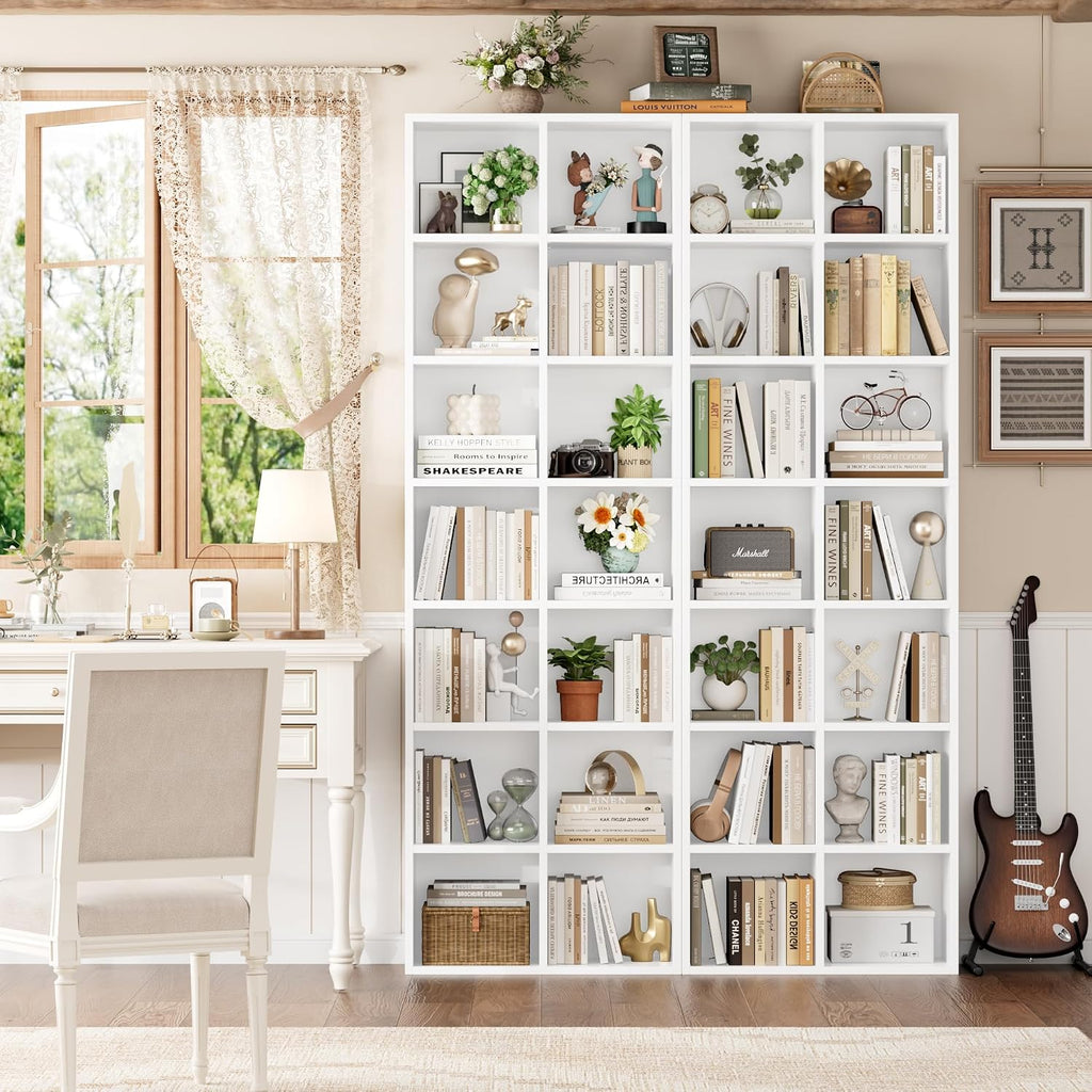 FOTOSOK 71'' Tall Bookshelf Set of 2, 7 Tier Large White Bookshelf with Adjustable Shelves, Wide Bookcases and Bookshelf, DVD/CD Media Tower Storage, Cube Book Shelf Display Shelf Cabinet, White