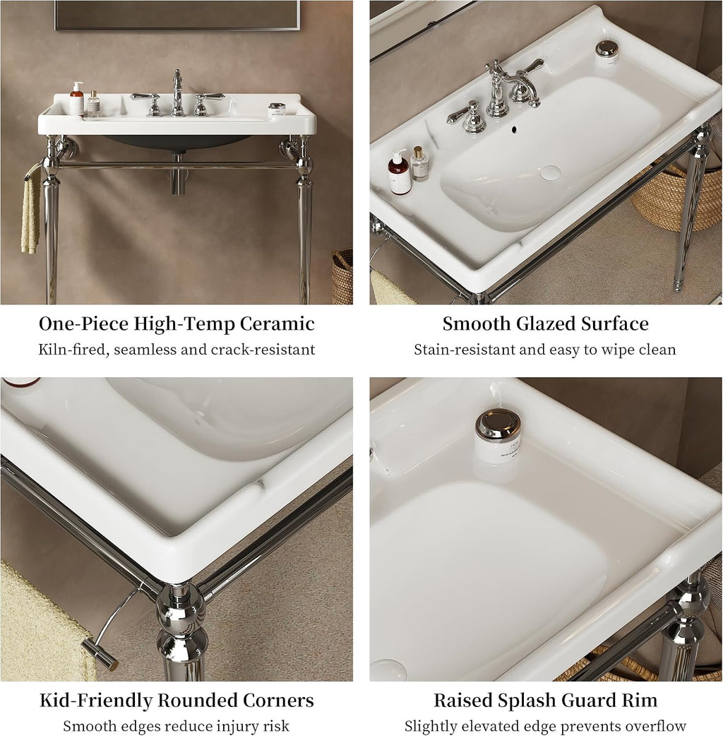 Yayzy 36' Bathroom Vanity with White Ceramic Sink, Wall-Mounted Console Style, Silver-Finish Stainless Steel Legs & Towel Bar, 3 Faucet Holes, No Faucet