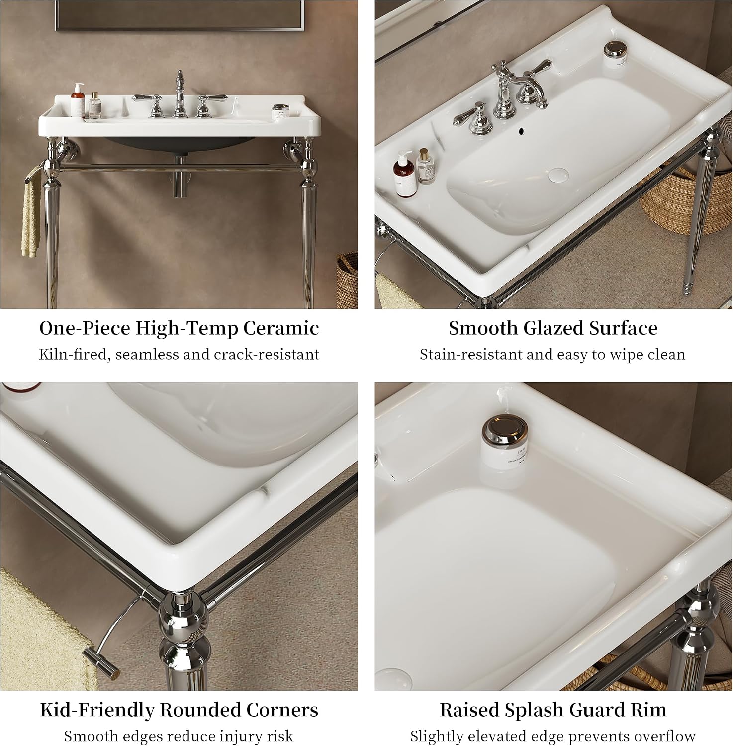 Yayzy 36' Bathroom Vanity with White Ceramic Sink, Wall-Mounted Console Style, Silver-Finish Stainless Steel Legs & Towel Bar, 3 Faucet Holes, No Faucet