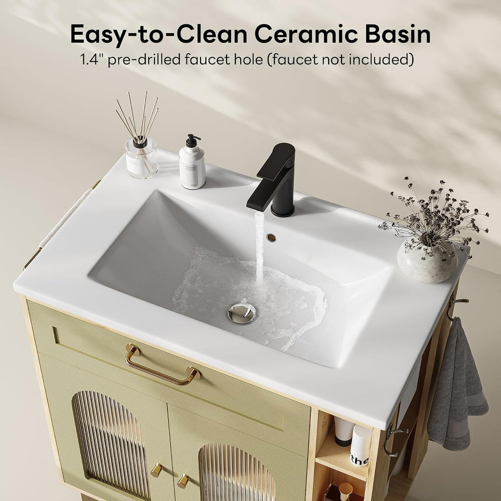 LIKIMIO 30 inch Bathroom Vanity with Sink, Bathroom Vanities Cabinet with Ceramic Sink, Arched Glass Door Storage with Adjustable Shelf, Solid Wood Legs, Towel Bar & Toilet Paper Holder