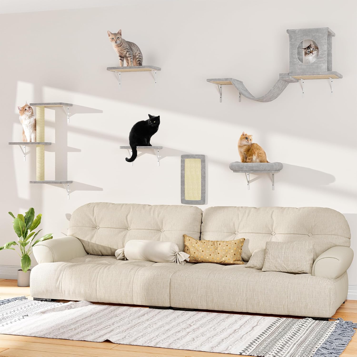 12-in-1 Cat Wall Shelves, Wall Mounted Cat Climber with Condo House, Scratching Post, Bridge Ladder, Space-Saving Indoor Play Furniture for Kittens, Gray