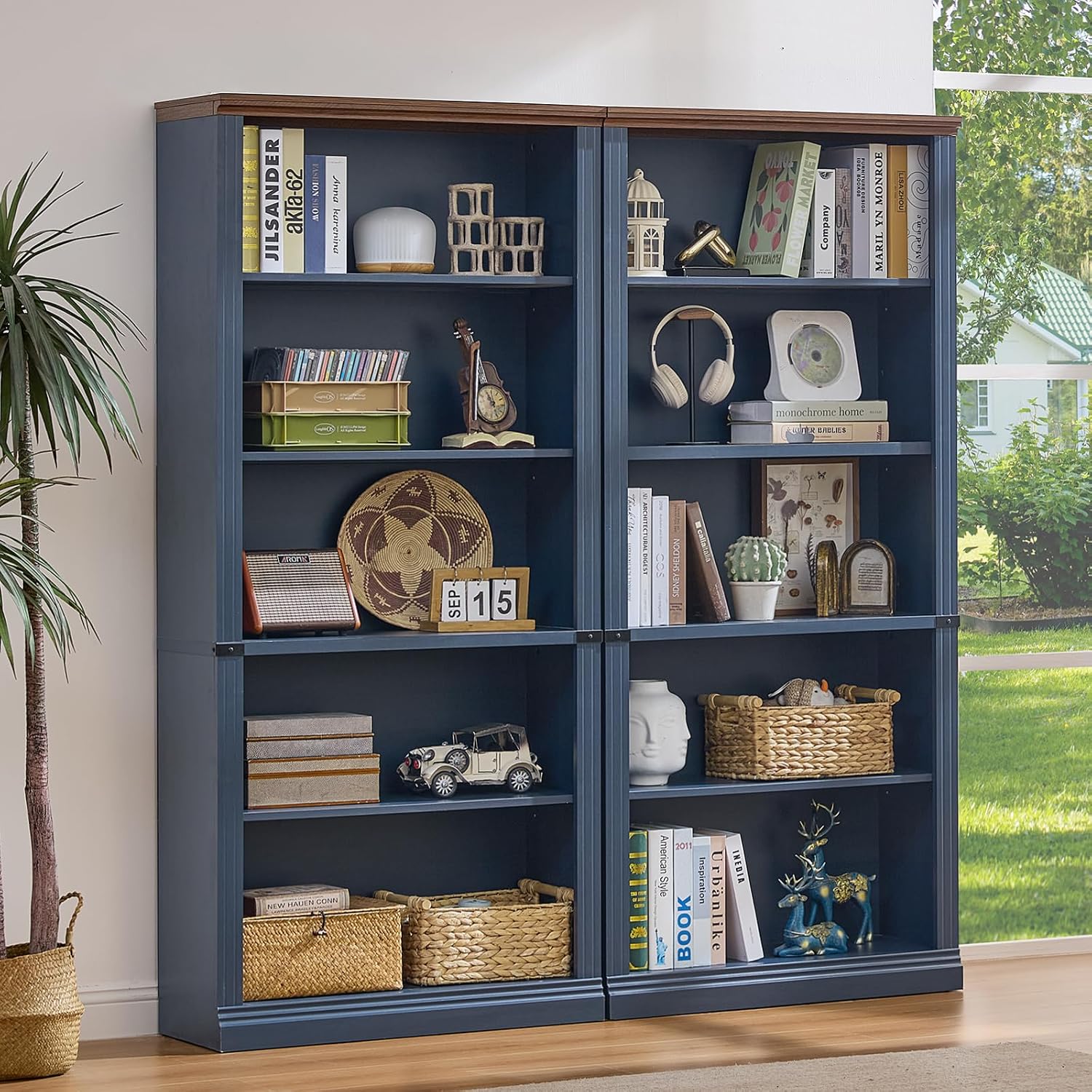 RWYHG 70' Blue Tall Bookshelf,5-Tier Thick Wooden Book Shelf with Adjustable Shelves,Free Standing Farmhouse Bookcase with Open Display Storage,Floor Vintage Bookshelves for Living Room,Office