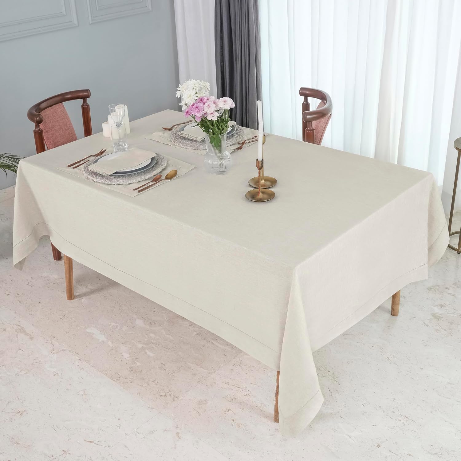 D'Moksha Homes Light Natural Linen Tablecloth 60 x 156 Inch - 100% Pure Linen Natural Tablecloth for Rectangle Tables - Classic Hemstitch, Machine Washable Table Cloth for Mothers Day, Spring