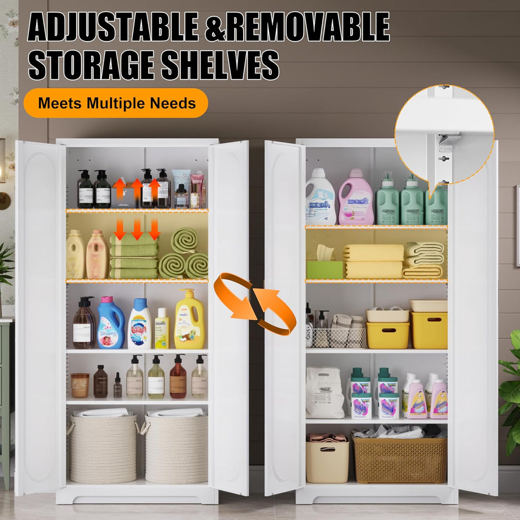 Metal Storage Cabinet with 4 Adjustable Shelves, 71' Tall Kitchen Pantry Cabinet with Doors, White Pantry Cabinets, Utility Large Cupboard, Storage Cabinets for Kitchen, Living Room, Dining