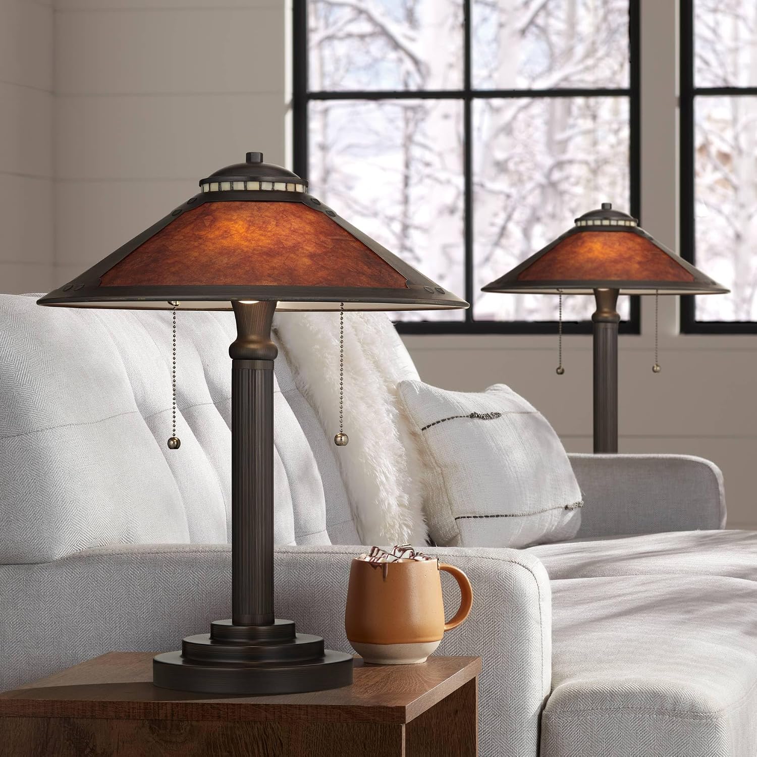 Robert Louis Tiffany Mica Collection Mission Tiffany Style Desk Table Lamps 18 1/2' High Set of 2 Art Deco Rustic Rubbed Bronze Natural Mica Shade for Bedroom House Bedside Nightstand Home Office