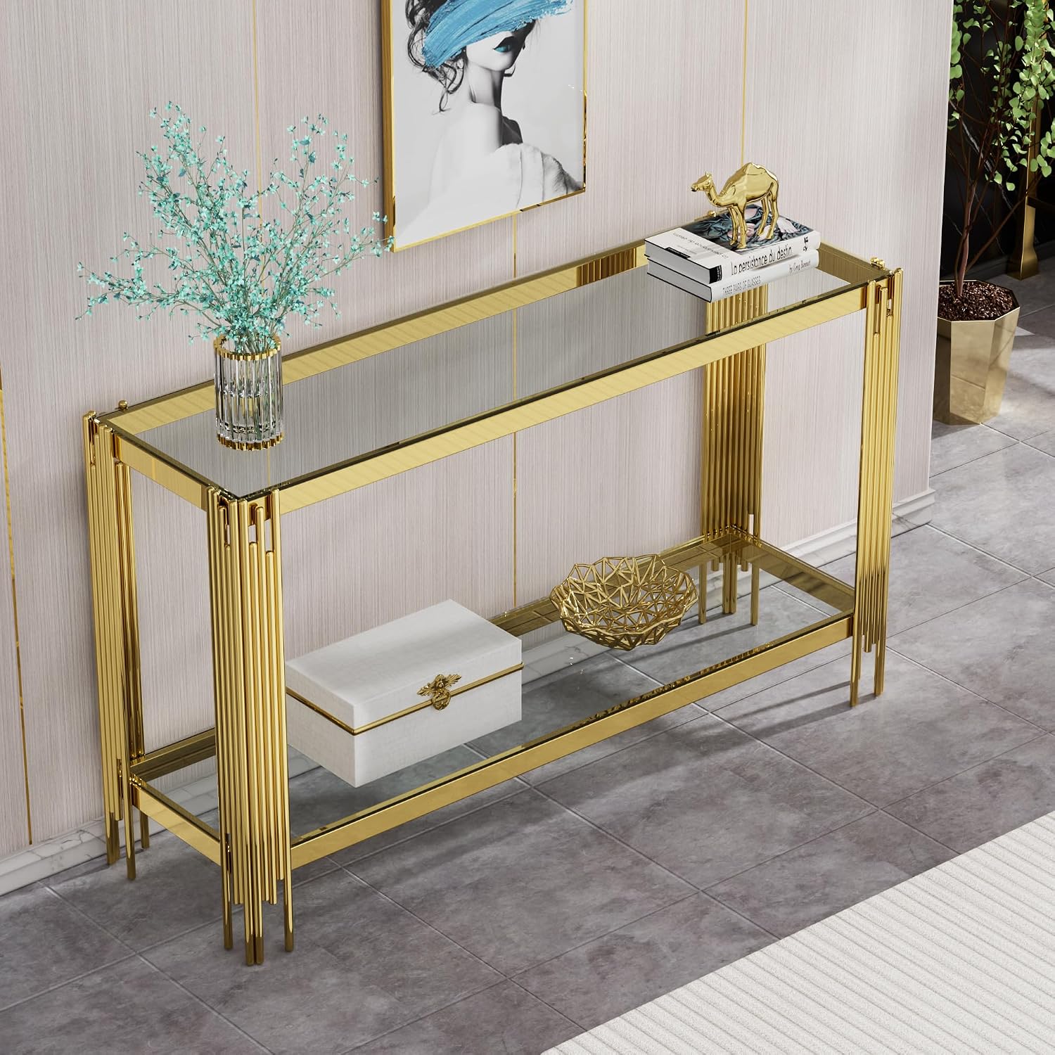 55' Glass Gold Console Table Luxury 2-Tier Sofa Table for Living Room, Rectangular Modern Entryway Hall Table with Clear Glass Top & Golden Stainless Steel Legs