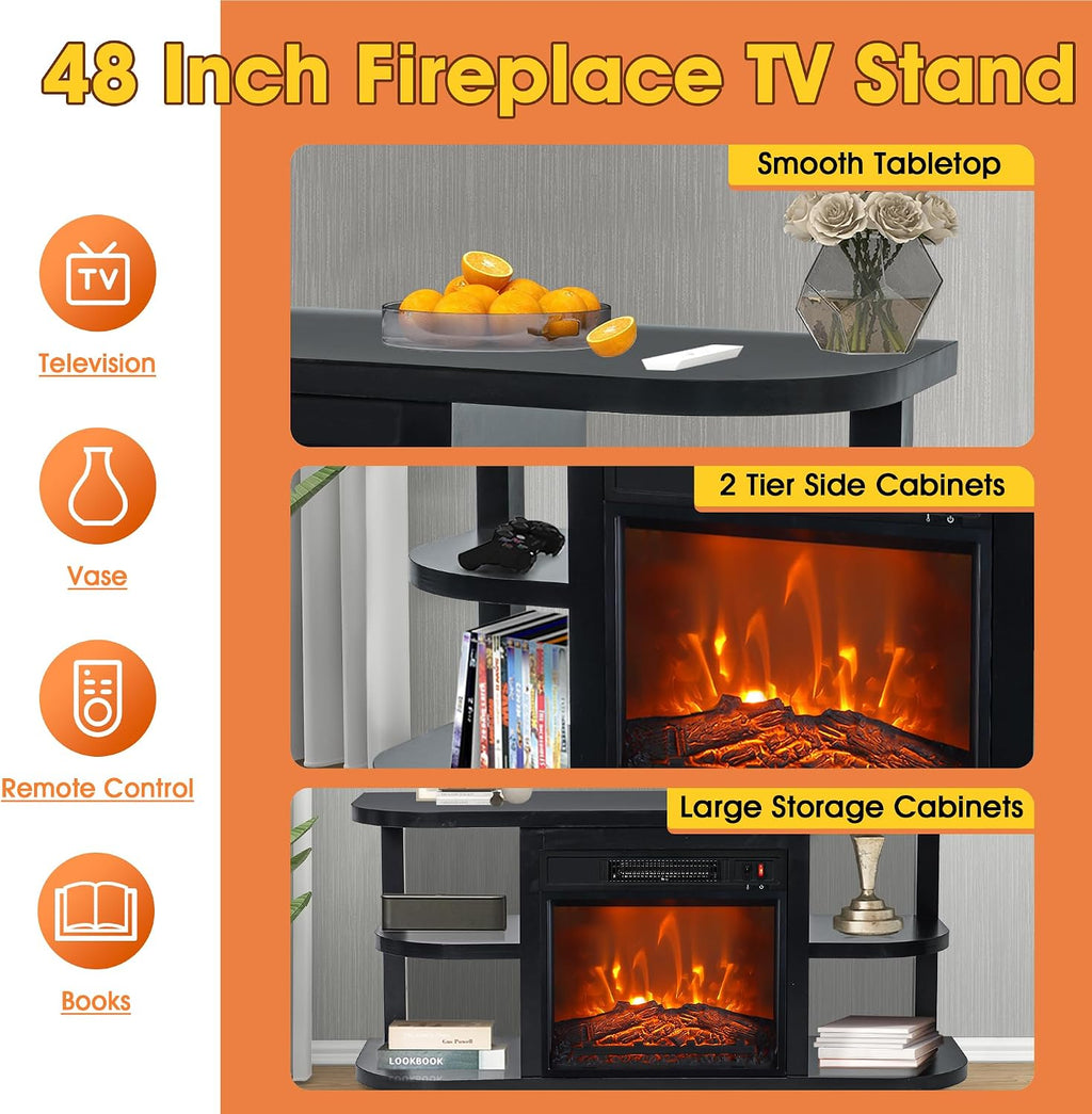 48' Fireplace TV Stand for TVs up to 55', Farmhouse Entertainment Center with 18' Electric Fireplace Insert, 1400W Wood Media Console Table with Open Storage Shelves for Living Room, Bedroom (Black)