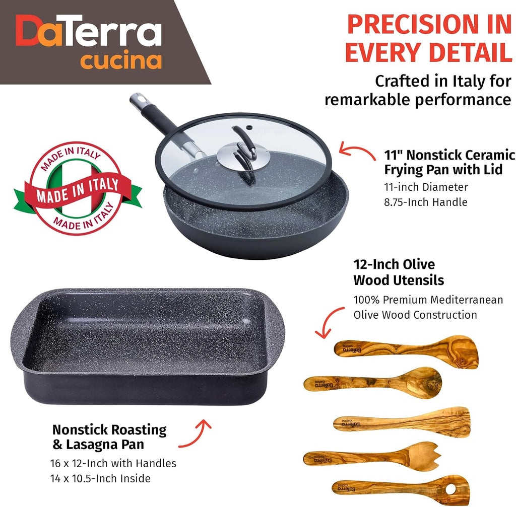DaTerra Cucina Nonstick Italian Bundle – Roasting & Lasagna Pan, 11' Frying Pan with Lid, 5-Piece Olive Wood Cooking Utensils Set – Oven Safe, PTFE & PFOA Free - Made in Italy, Ceramic