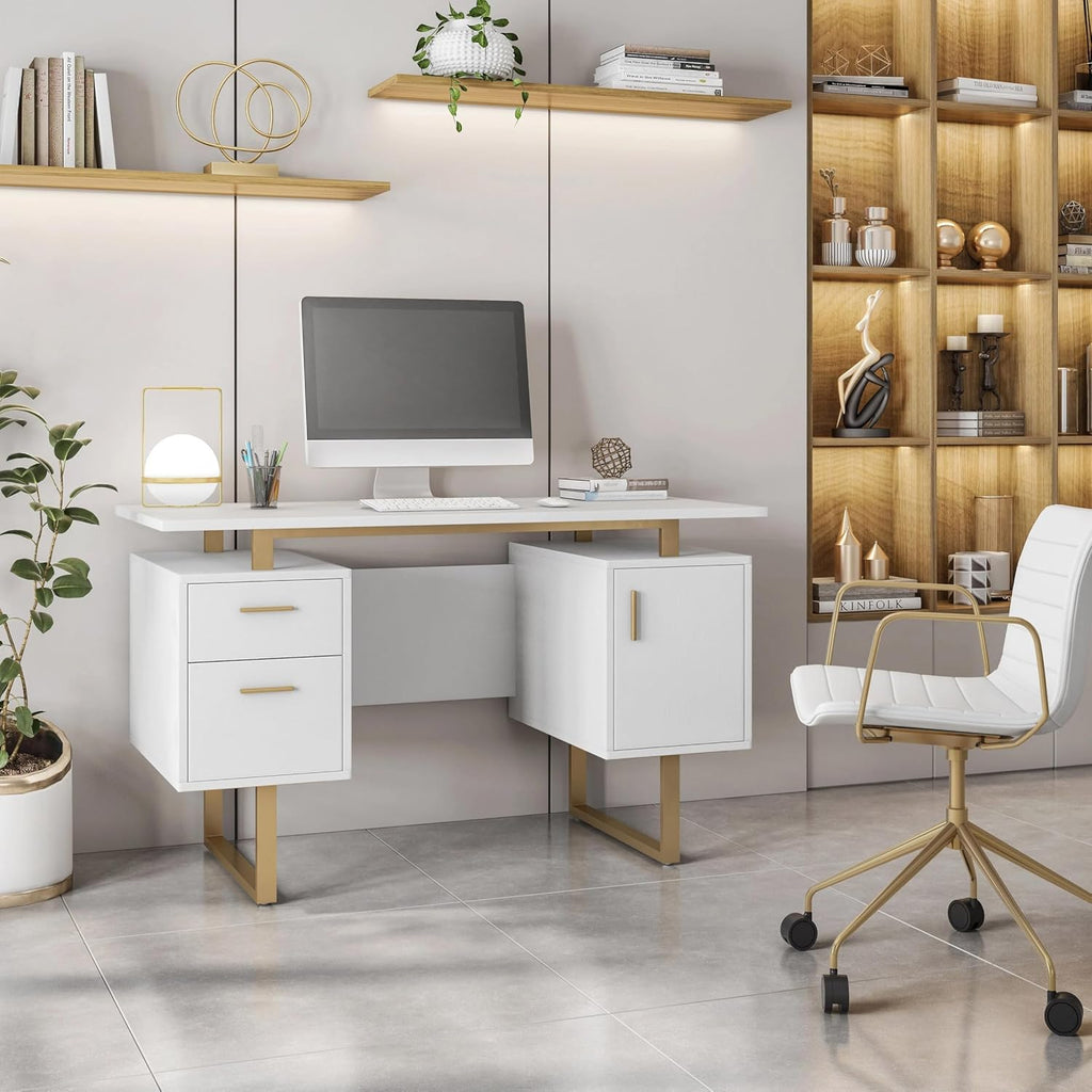 Techni Mobili Storage Drawers and Cabinet 51.25' W-Modern Office Large Floating Desktop Surface Desk, 23.6' D x 51.2' W x 29.8' H, White/Gold