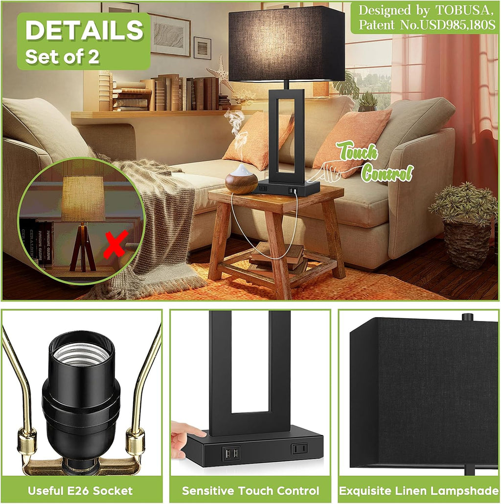TOBUSA 28'' Tall Black Lamps for Living Rooms Set of 2, Modern Touch Control Table Lamps for Bedroom, 3 Way Dimmable Bedside Lamps with 2 USB Ports&AC Outlet, High-end Decor Lamp for Home Office