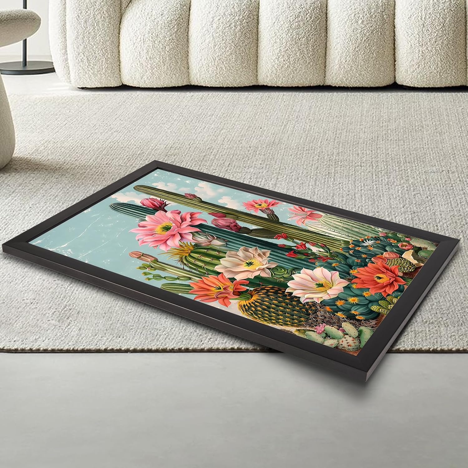 Black Framed Flat Boho Cactus Garden Poster Retro Tropical Succulent Canvas Wall Art Vibrant Flowers Sky Background Prints Painting For Home Bedroom Dorm Wall Decor 24x36in Black Framed Flat