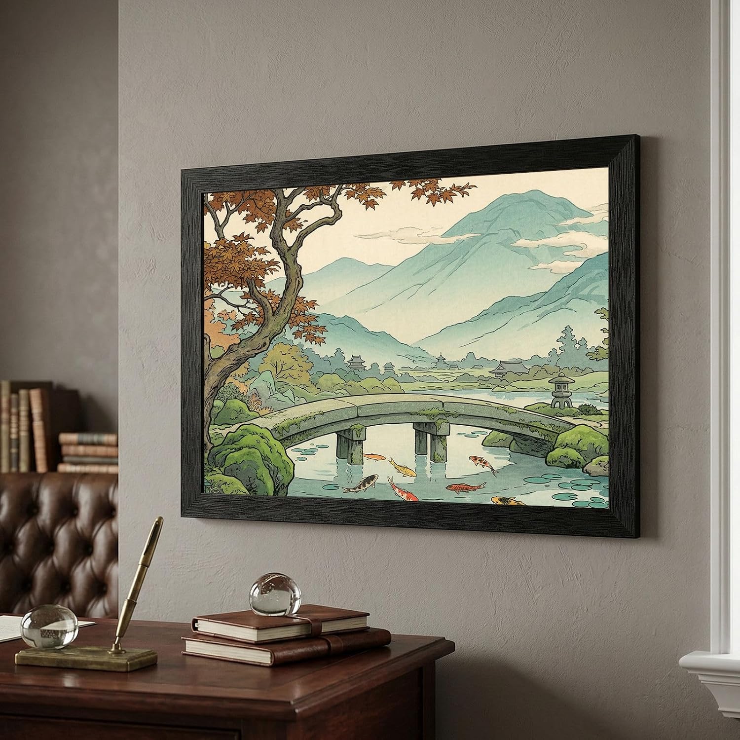 Framed Wall Art - Black Frame Serene Japanese Garden Style Print - Peaceful Stone Bridge and Koi Pond Landscape - Ready to Hang Modern Home Decor - 24x36 Inch