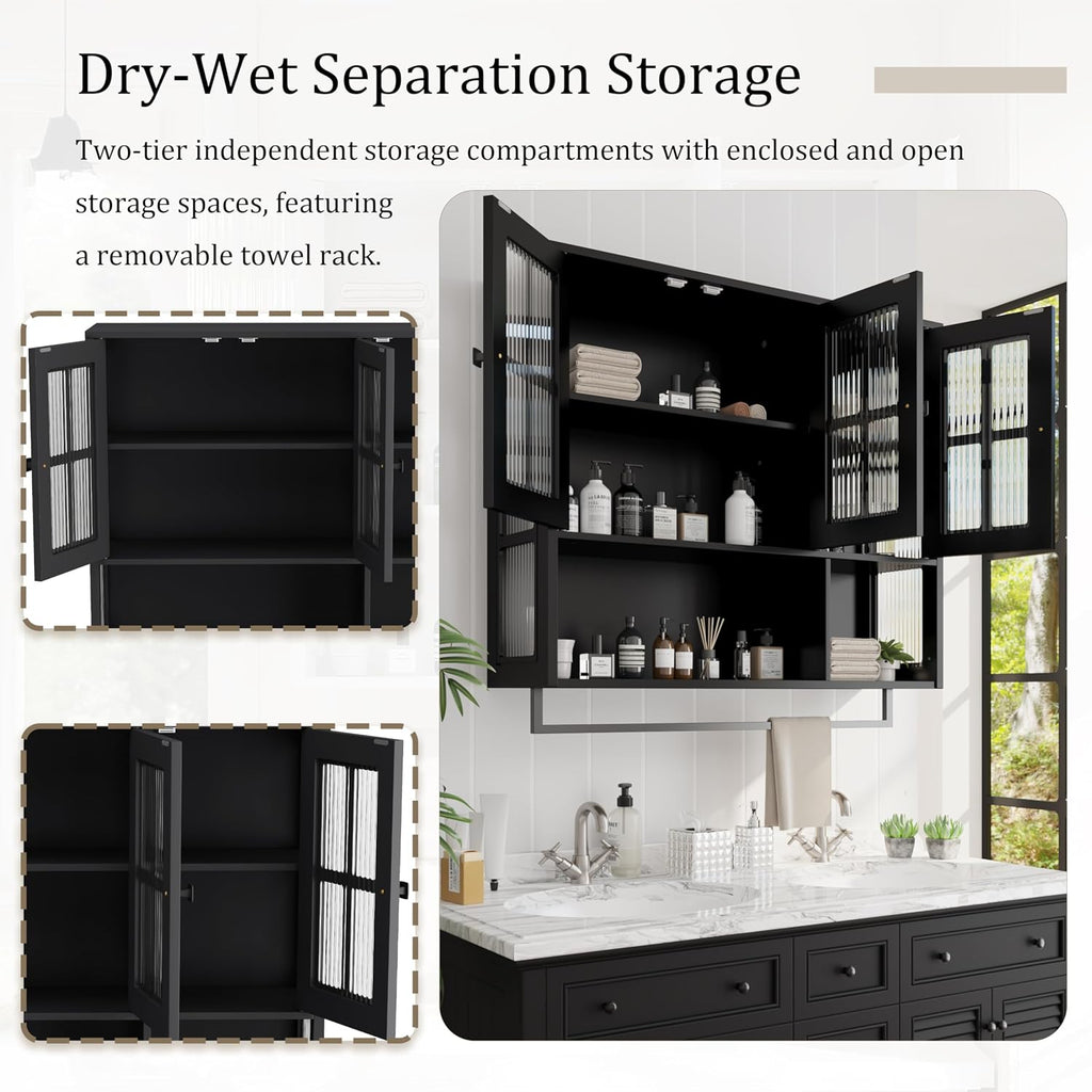 Polibi Wall Cabinet with Fluted Glass, Modern Wall-Mounted Storage with Towel Bar, Removable Shelves, Minimalist Design for Entryway Living Room Bathroom Dining Room, Easy Assembly, Black