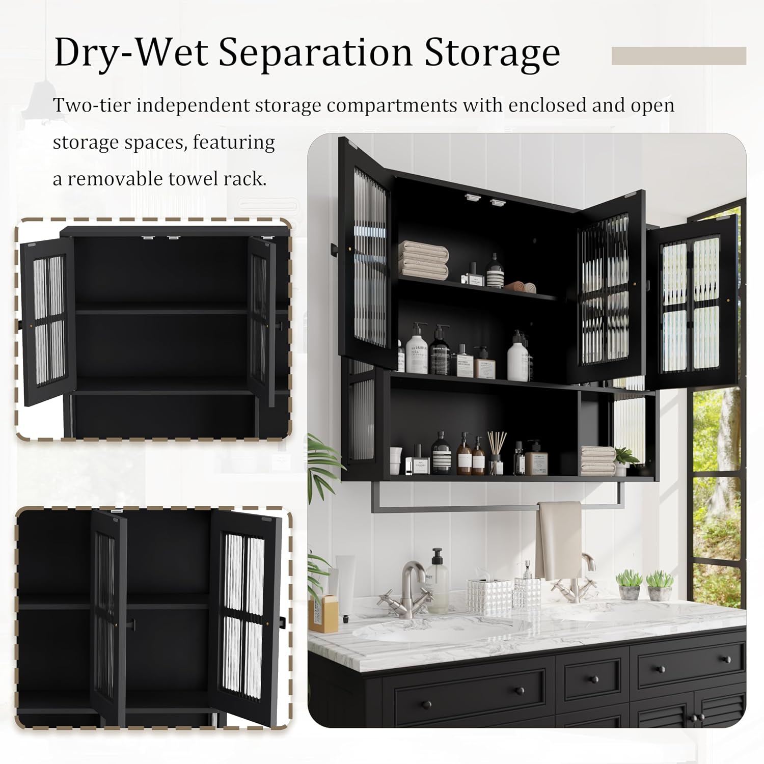Polibi Wall Cabinet with Fluted Glass, Modern Wall-Mounted Storage with Towel Bar, Removable Shelves, Minimalist Design for Entryway Living Room Bathroom Dining Room, Easy Assembly, Black