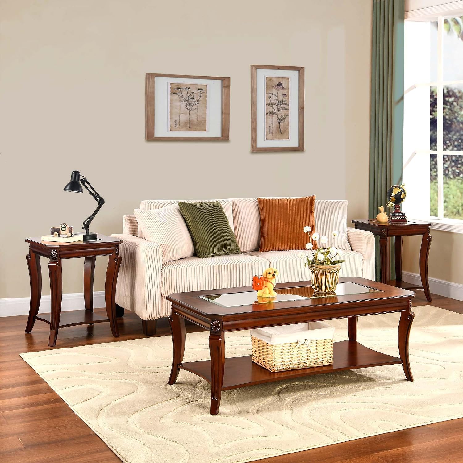 Traditional Living Room Tables Set of 3- One Coffee Table with Glas and Two End Table with Glass Tabletop and Carved Leg,Table Set with Storage Shelf, Cherry Brown KFZ- CJZ-A1168-WD