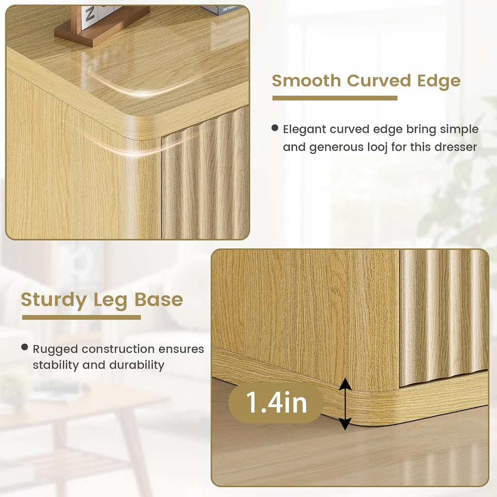 Fluted Nightstand with 3 Drawers, Wood Night Stand with Storage, 25' Wide Side Table, Modern Bedside Table for Bedroom, End Table for Living Room, Handleless Design, Curved Profile, Natural Oak 1PC