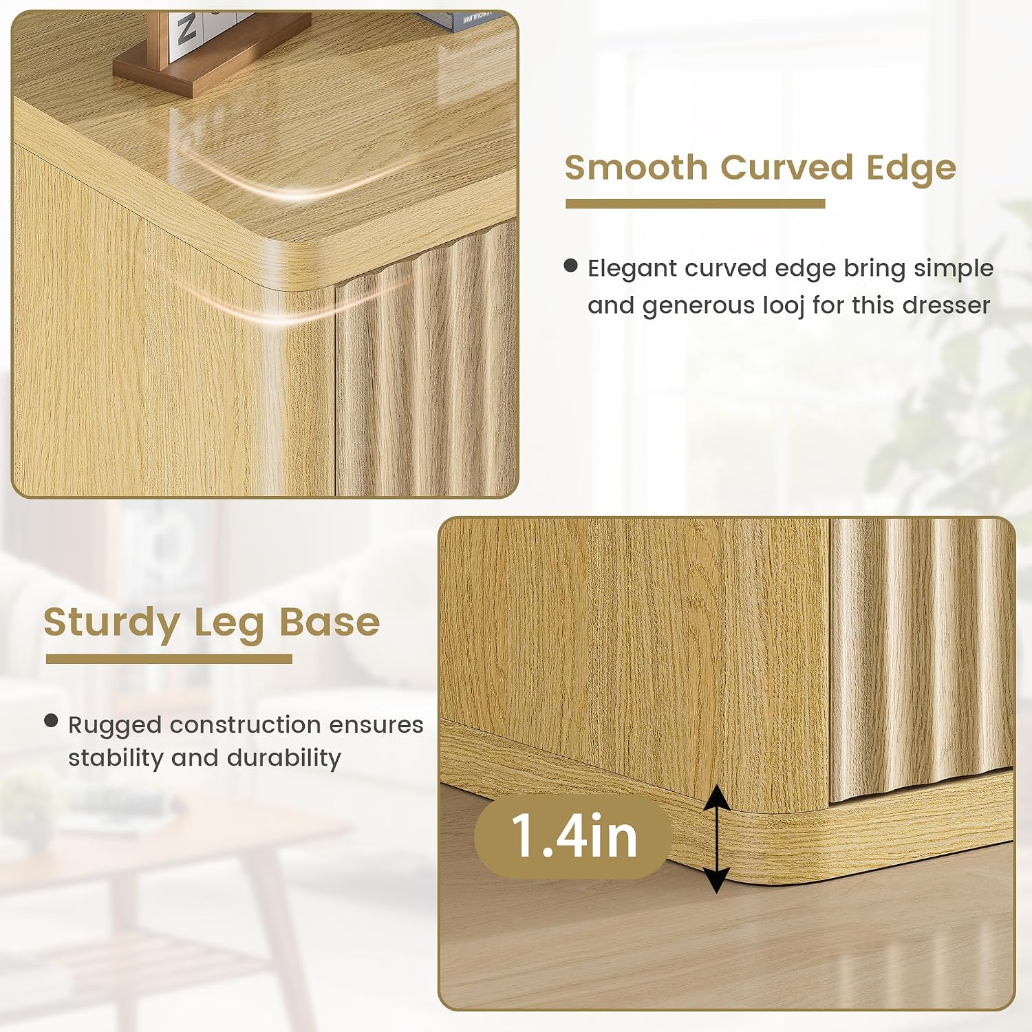 Fluted Nightstand with 3 Drawers, Wood Night Stand with Storage, 25' Wide Side Table, Modern Bedside Table for Bedroom, End Table for Living Room, Handleless Design, Curved Profile, Natural Oak 1PC