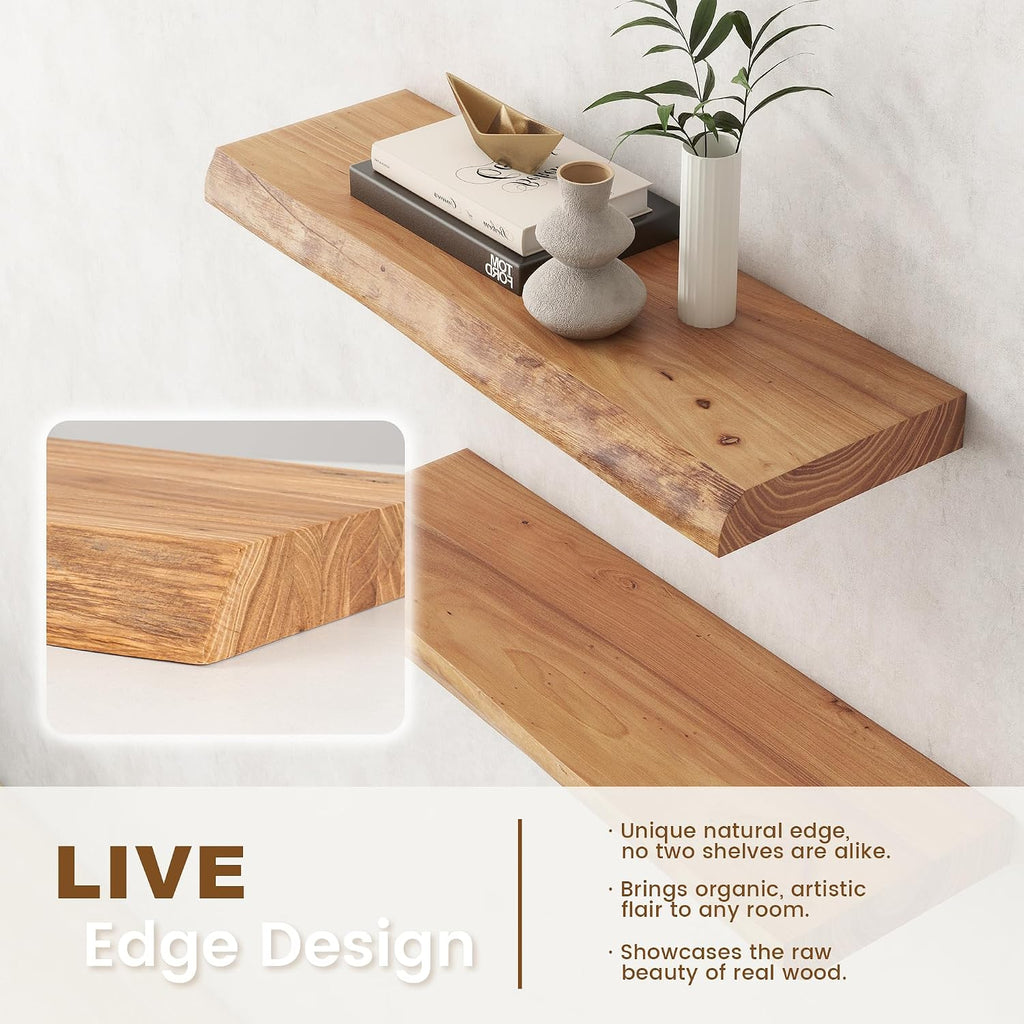 24'x9.2' Elm Floating Shelves for Wall, Live Edge, Natural, 2-Pack | 1.4' Thick Reclaimed Wood Shelves with Invisible Bracket for Living Room, Bedroom, Kitchen & Bathroom Storage