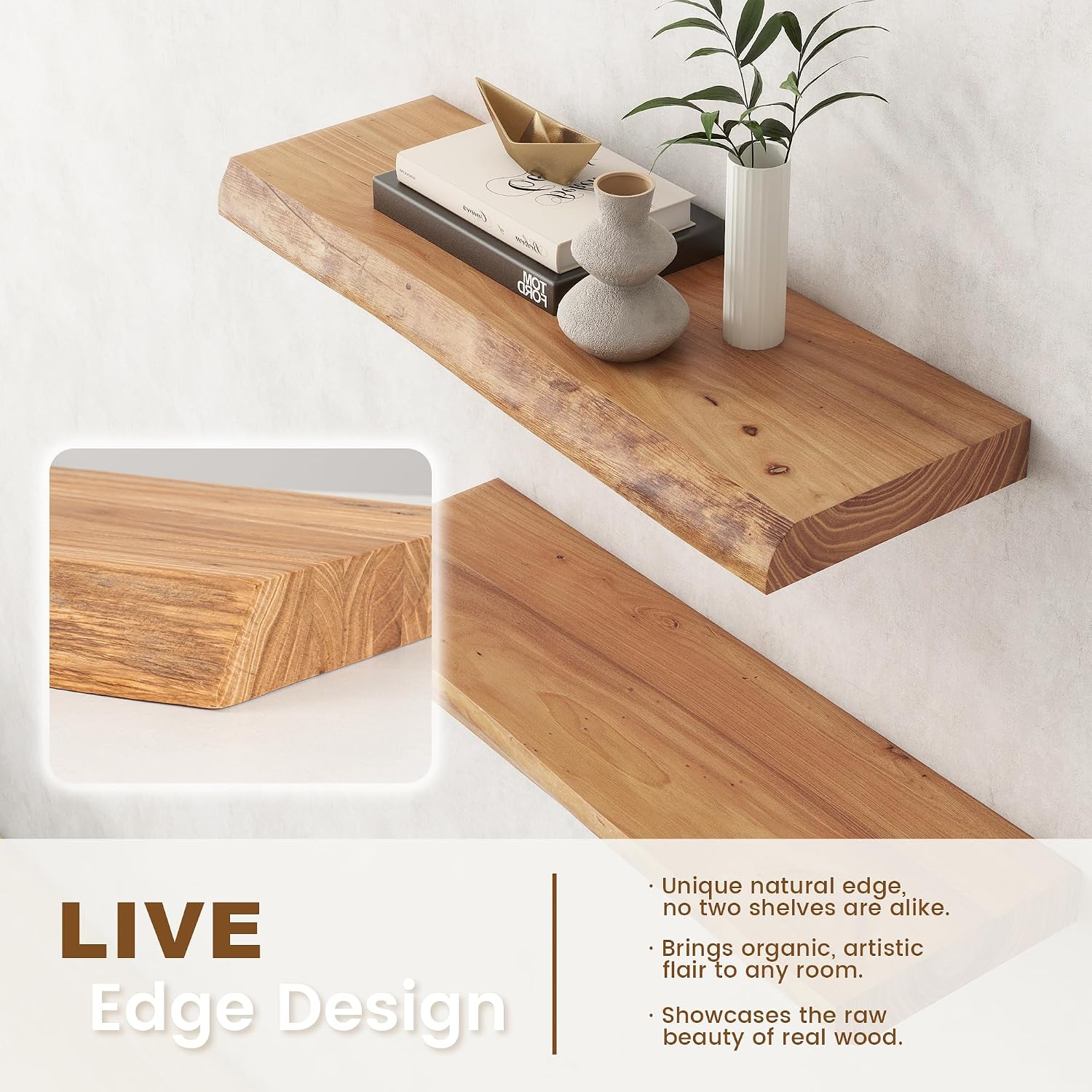 24'x9.2' Elm Floating Shelves for Wall, Live Edge, Natural, 2-Pack | 1.4' Thick Reclaimed Wood Shelves with Invisible Bracket for Living Room, Bedroom, Kitchen & Bathroom Storage