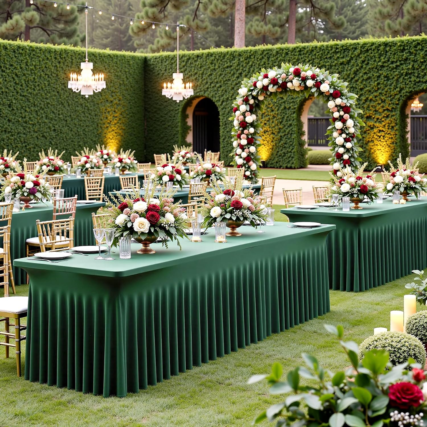 6 pk Hunter Green Spandex Tablecloth for 6 Foot Rectangle Tables, Wrinkle Free Fitted Spandex Table Covers 6ft Green Stretch Table Cloths with Ruffle Skirt for Parties Weddings Banquet Baby Shower
