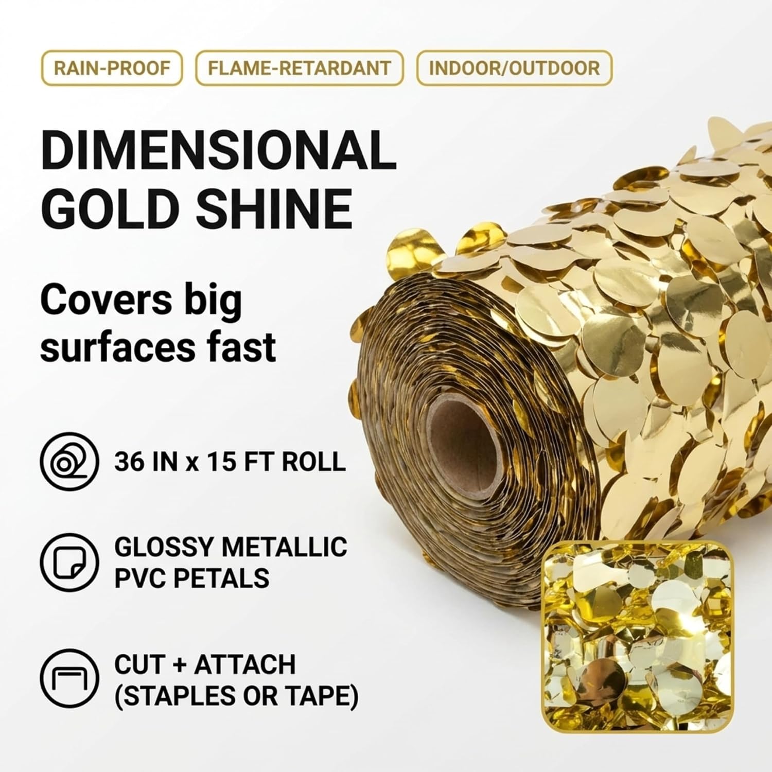 Anderson's Gold Metallic Floral Sheeting, 30 Ft. Parade Float Decoration for Trailers, Parties, Weddings, Proms, Photo Backdrops & Events – Shiny Fringe Garland for Indoor/Outdoor Use