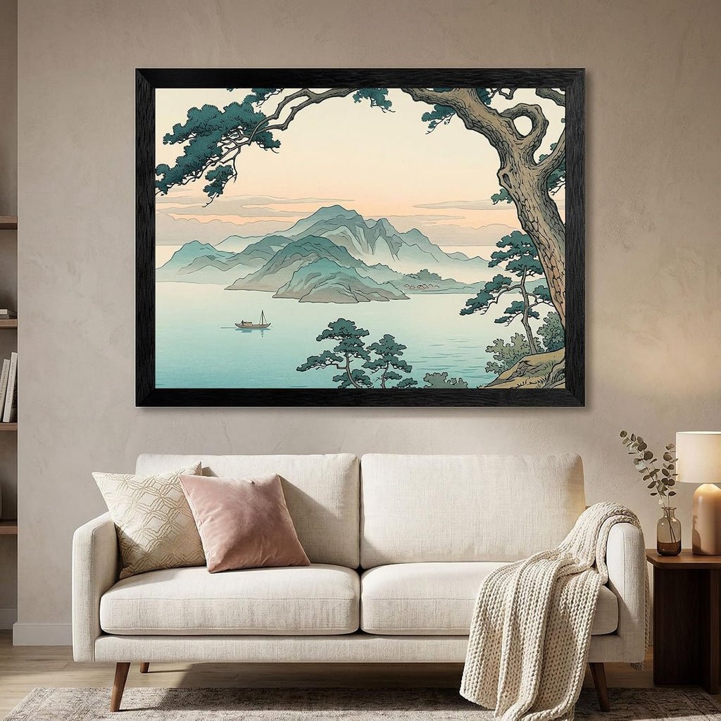 Framed Coastal Dawn Wall Art - Japanese Woodblock Style Pine Tree Seascape - Premium Black Frame - Ready to Hang 12x18 inch Decor for Home and Office - 24x36 Inch