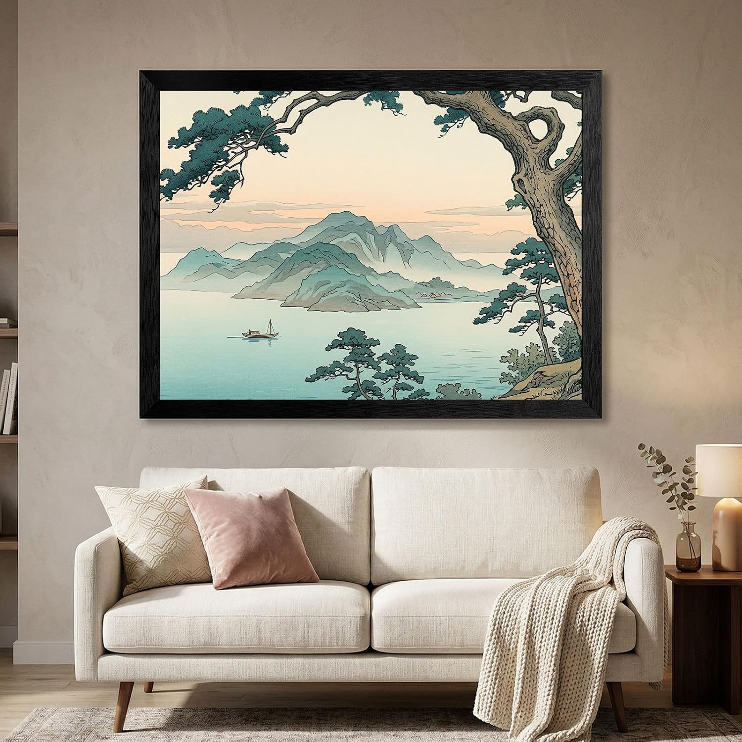 Framed Coastal Dawn Wall Art - Japanese Woodblock Style Pine Tree Seascape - Premium Black Frame - Ready to Hang 12x18 inch Decor for Home and Office - 24x36 Inch