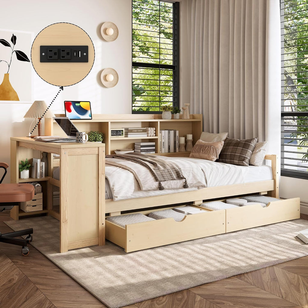 Bellemave Twin Corner Bed Frame with Desk and Storage Shelves,Charging Port, Wood Twin Size Daybed with Bookcase and Drawers, Natural Color