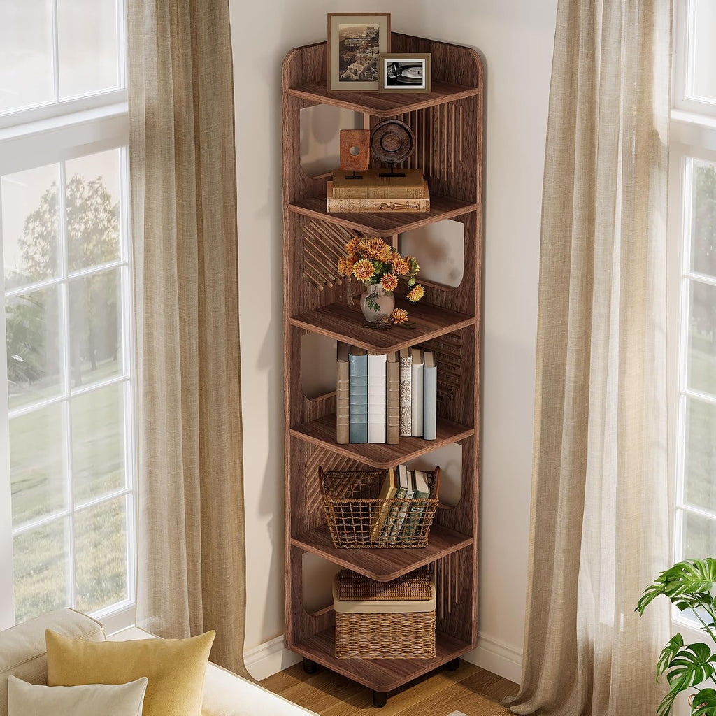 Tribesigns 6-Tier Corner Bookshelf, Tall Narrow Corner Shelf Bookcase with Hollow Design, Farmhouse Skinny Display Shelf for Living Room, Bedroom, Small Space, Brown