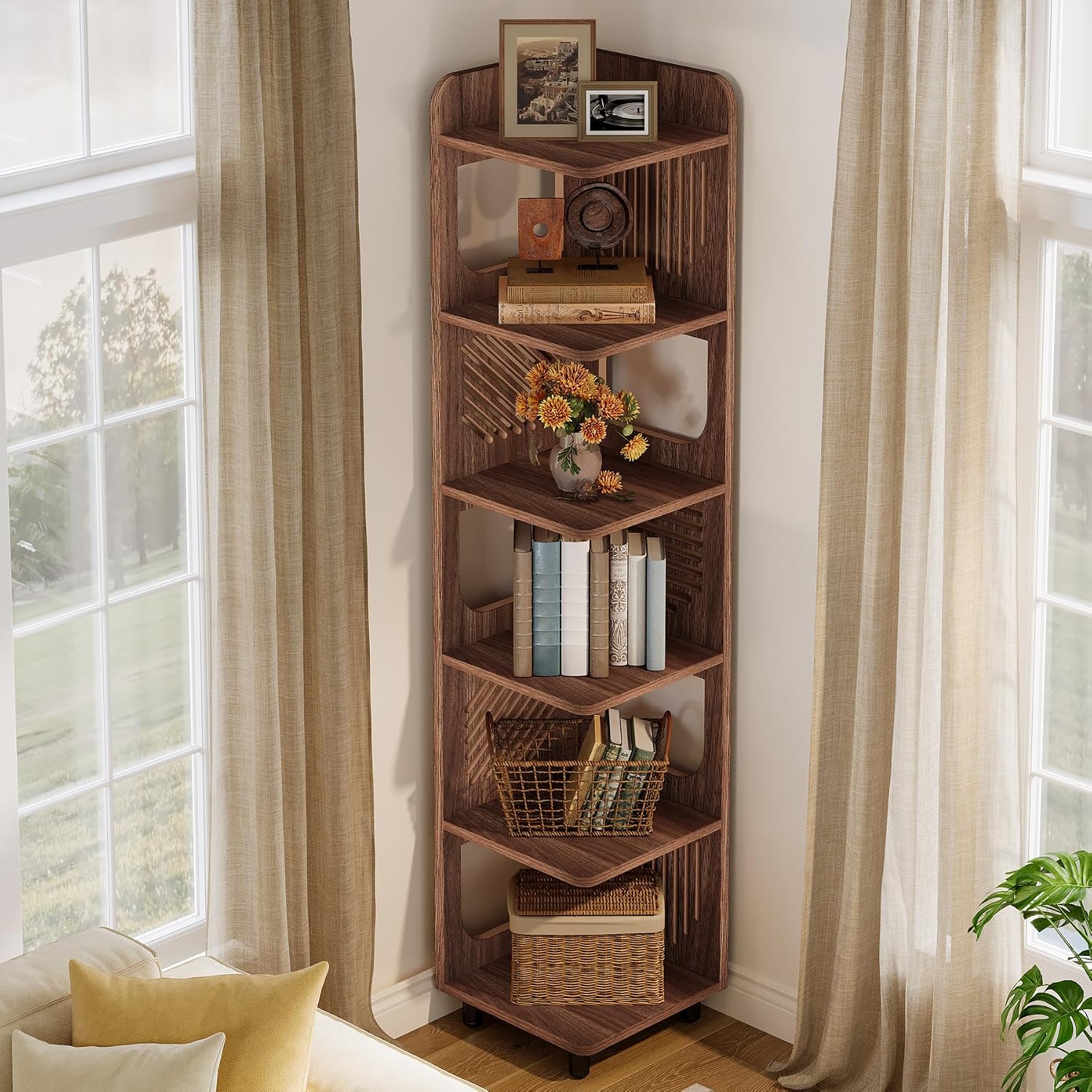 Tribesigns 6-Tier Corner Bookshelf, Tall Narrow Corner Shelf Bookcase with Hollow Design, Farmhouse Skinny Display Shelf for Living Room, Bedroom, Small Space, Brown