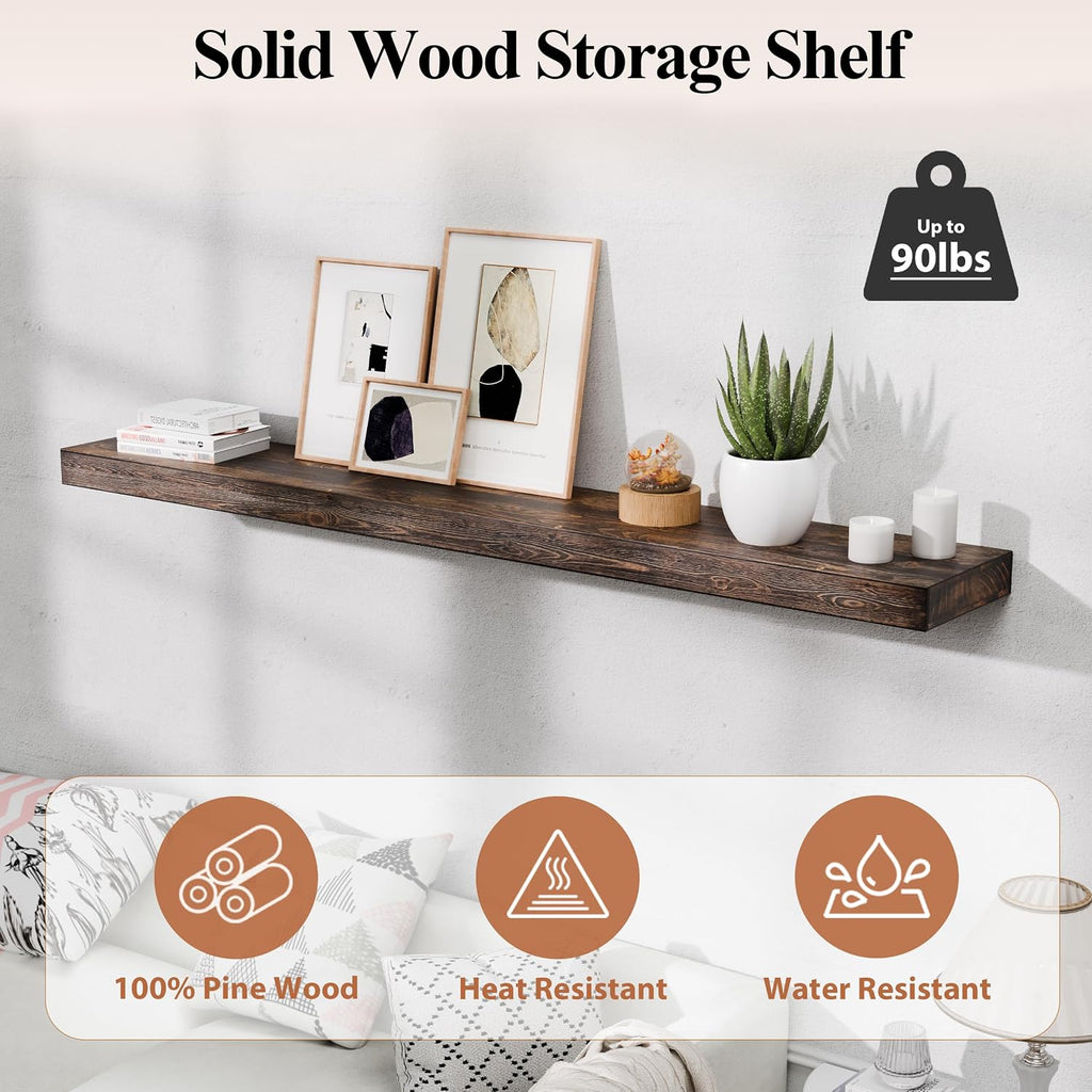 60 Inch Fireplace Mantel Shelf - 8' Deep Solid Wood Floating Mantel for Over Fireplace - 90LBS with Invisible Bracket - Handcrafted TV Decor for Livingroom & Bedroom - Charred Rustic Brown