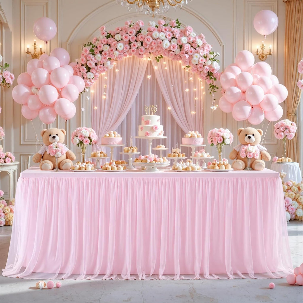 Suppromo 6 Pack 6ft Pink Tulle Tablecloths for Rectangle Tables 72 x 30 Inch Pink Rectangular Table Cloth, Wrinkle Free Table Cover with Tutu Skirt for Baby Shower Birthday Party Banquet Buffet Cake