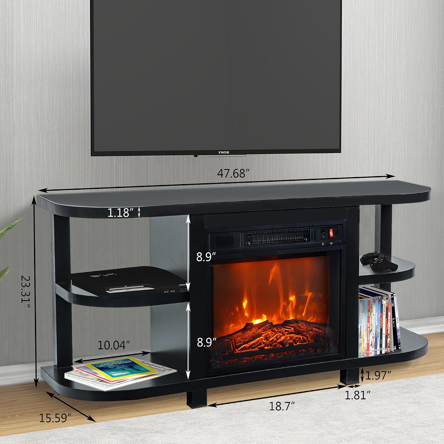 48' Fireplace TV Stand for TVs up to 55', Farmhouse Entertainment Center with 18' Electric Fireplace Insert, 1400W Wood Media Console Table with Open Storage Shelves for Living Room, Bedroom (Black)