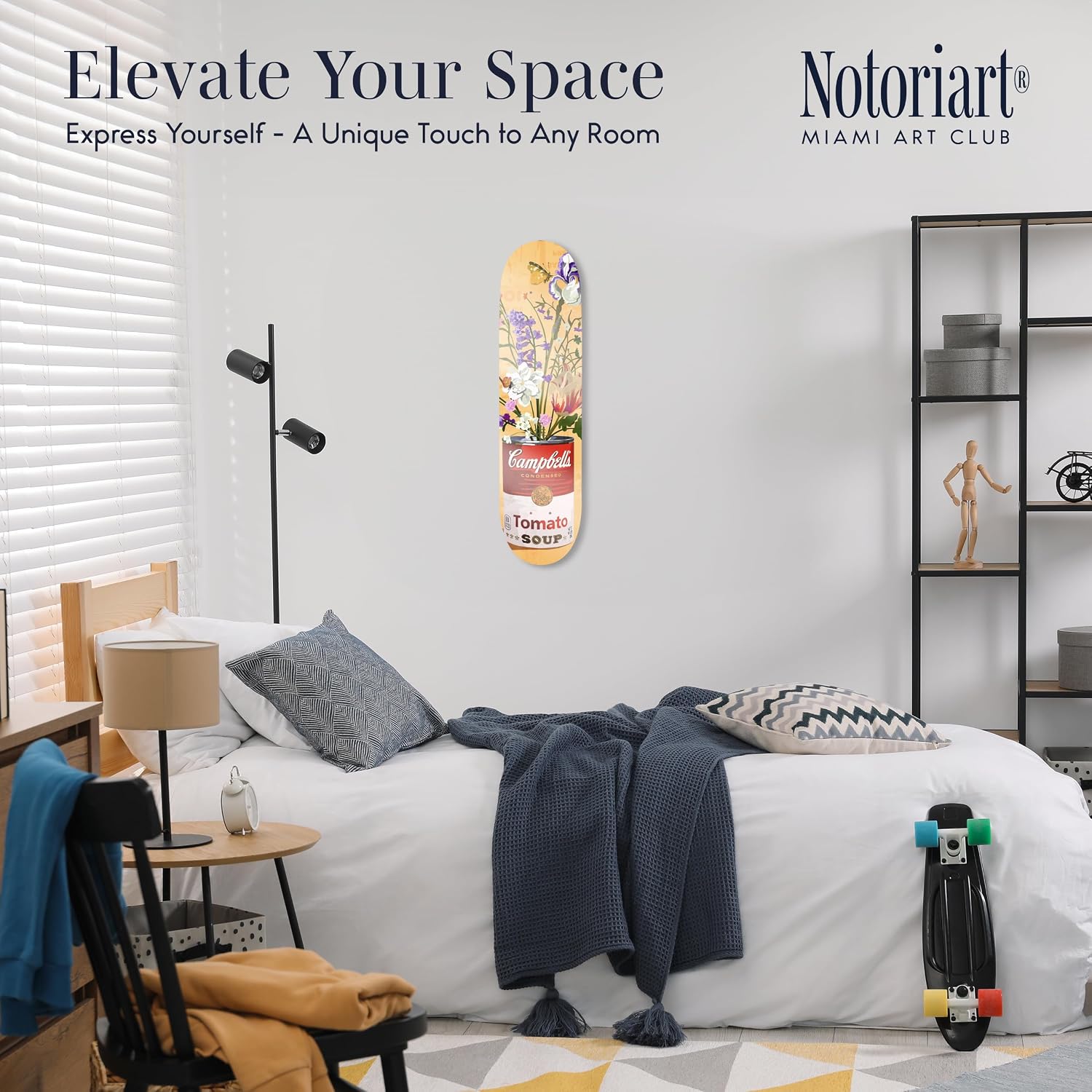 Trendy Pop Acrylic Wall Art Die-Cut Easy-to-Hang, 1 Panel 8' x 32', Floral Soup Can Skateboard