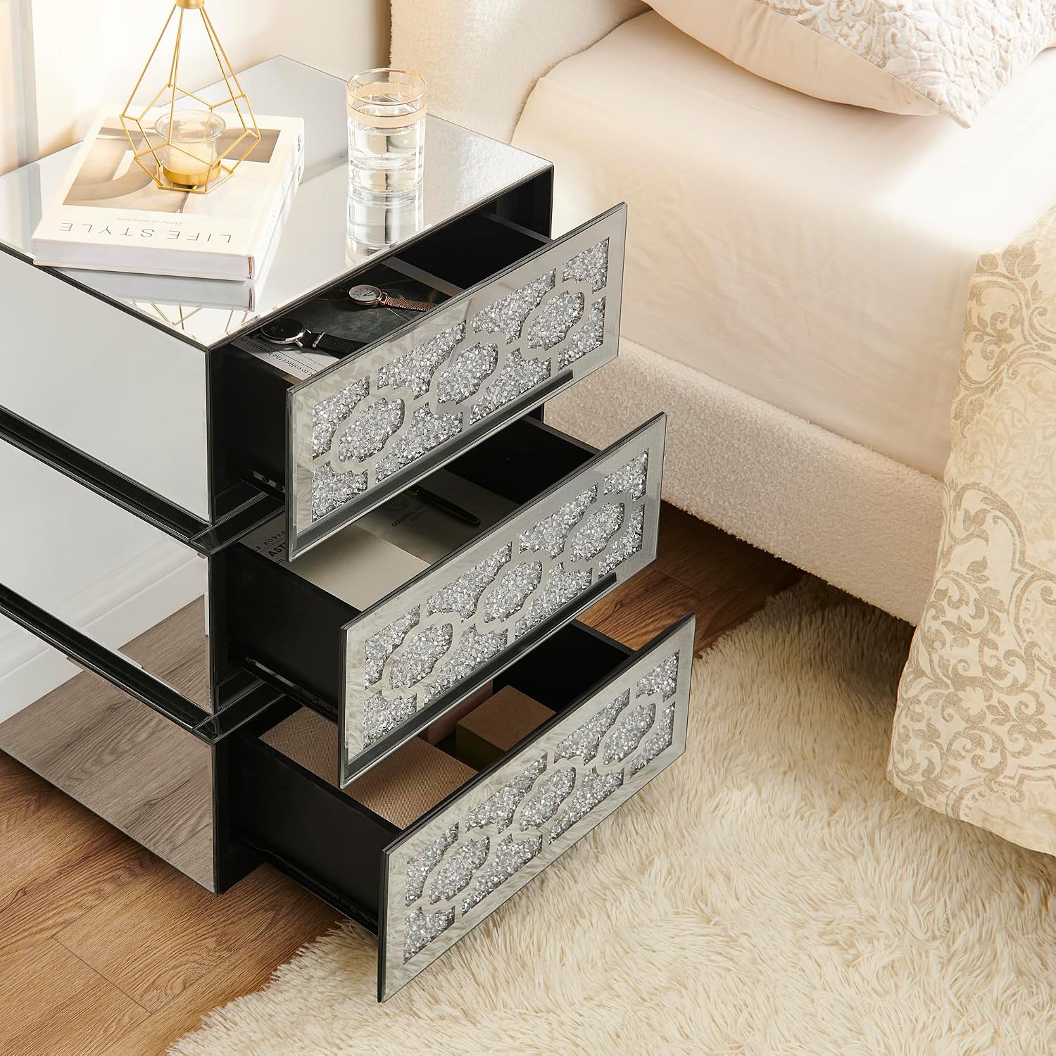 Mirrored Bedside Nightstand, Modern Side Table with 3 Drawers, Silver Accent End Table with Crushed Diamonds for Bedroom, Dorm and Living Room