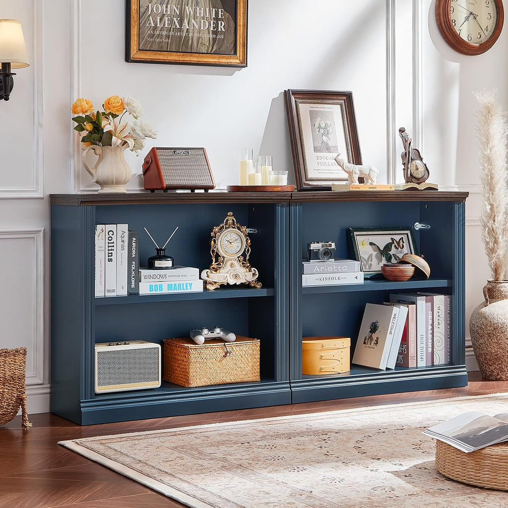 RWYHG 30' Blue Bookshelf Set of 3,2-Tier Thick Wood Book Shelf with Adjustable Shelve,Free Standing Farmhouse Bookcase with Open Display Storage,Floor Vintage Bookshelves for Living Room,Office