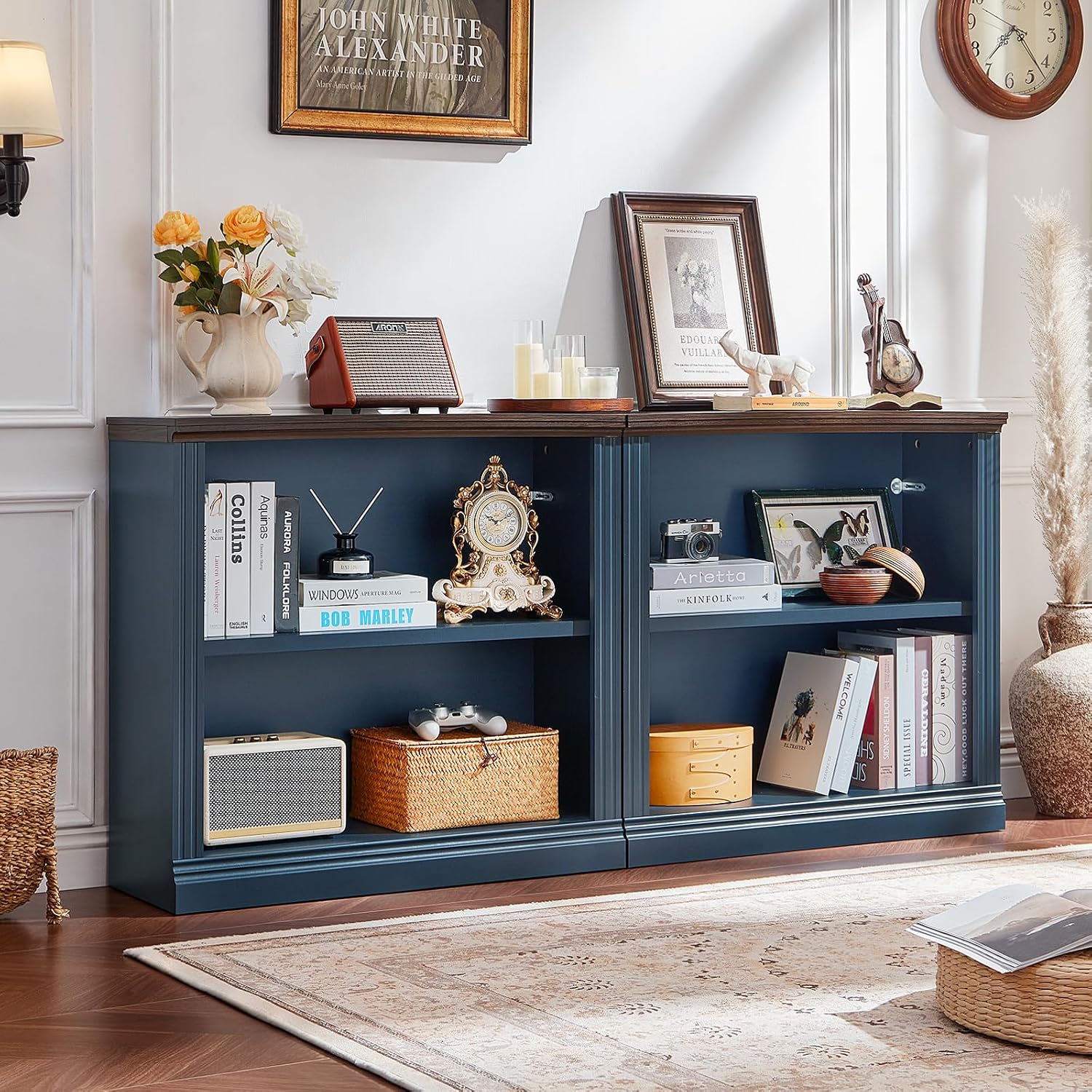 RWYHG 30' Blue Bookshelf Set of 3,2-Tier Thick Wood Book Shelf with Adjustable Shelve,Free Standing Farmhouse Bookcase with Open Display Storage,Floor Vintage Bookshelves for Living Room,Office