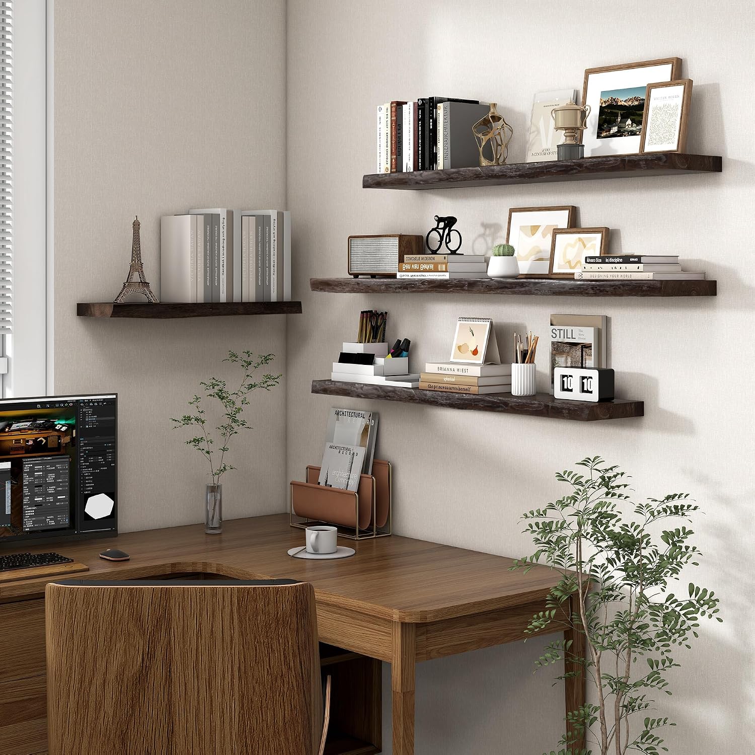Axeman 55 inch Floating Shelves for Wall - 8'' D Live Edge Rustic Solid Elm Wood Floating Shelves Wall Mounted, Hanging Shelves with Invisible Bracket for Living Room Bedroom Kitchen, Walnut