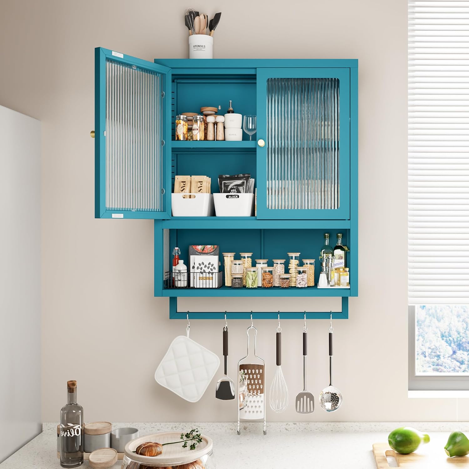Bathroom Wall Cabinet with 2 Glass Door, Bathroom Medicine Cabinet with Towels Bar and Shelves, Over The Toilet Storage Cabinet, Metal Wall Mounted Cabinet for Kitchen (Blue)