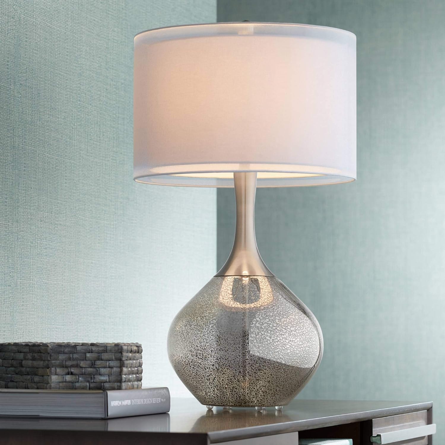 Possini Euro Design Swift Modern Table Lamp 30 1/2' Tall Mercury Glass Chrome Metal Neck Twin Double Drum Shade Decor for Bedroom Living Room House Bedside Nightstand Home Office Entryway Family