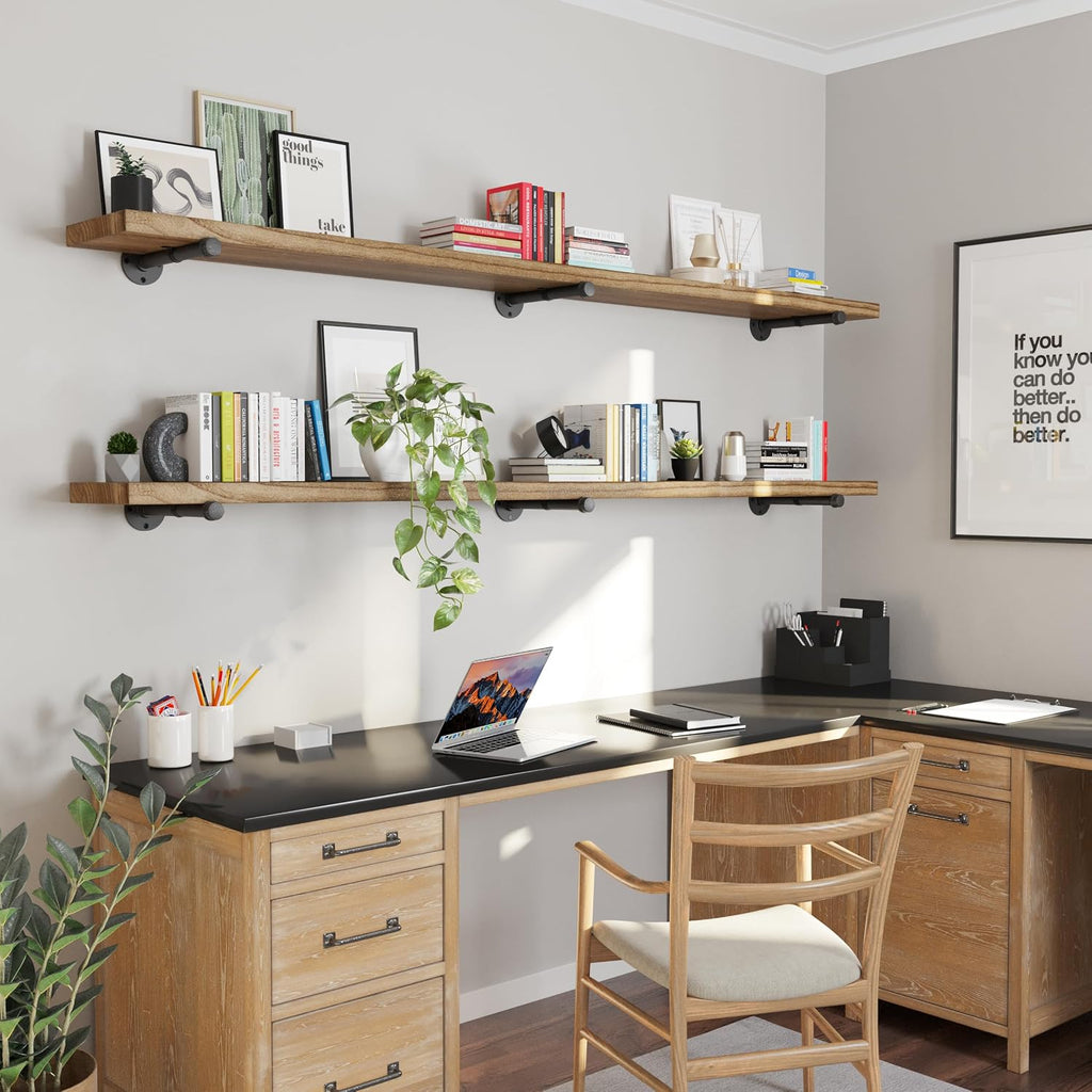 Wallniture Burnt Finish Pipe Wall Shelf - 9.25'' Deep, 1.5'' Thick Solid Wood, Lengths: 48', 60', 72', 84' - Includes Pipe Brackets (84'')