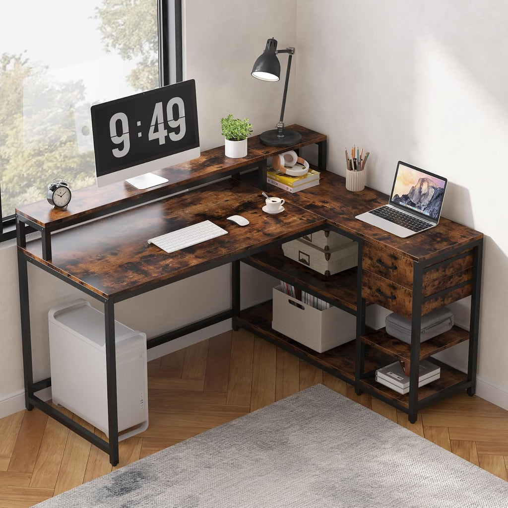 Tribesigns L Shaped Desk with Drawers and Storage Shelves, Home Office L Corner Desk with Monitor Stand, 55' x 24' Desktop Computer Table, Gaming Study Table for Small Space