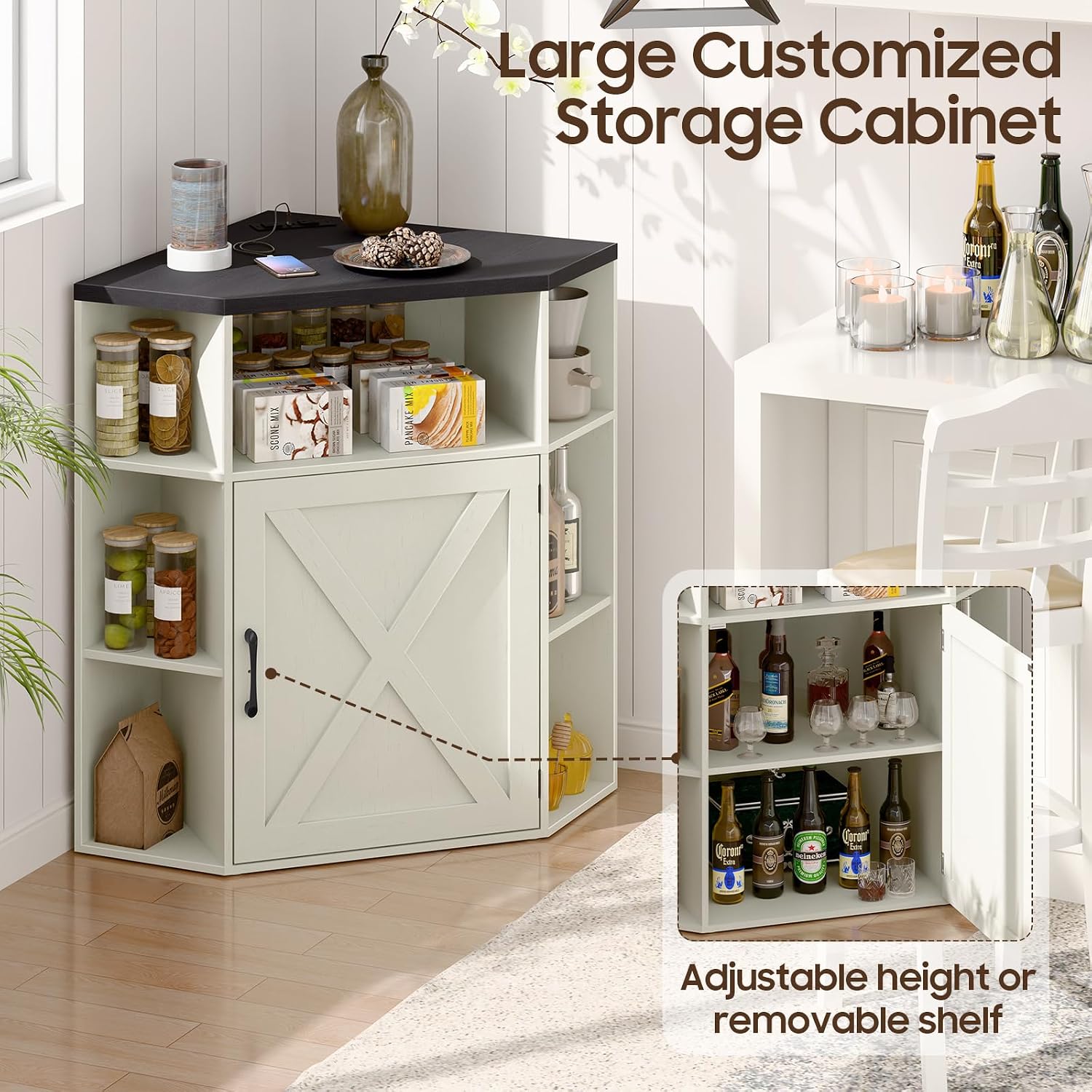 Halitaa Corner Storage Cabinet, Farmhouse Corner Bookshelf with Storage 6-Cubby Wooden Cabinet with USB Ports and Outlets Industrial Organizer for Small Space, Study, Playroom, Rustic White and Black