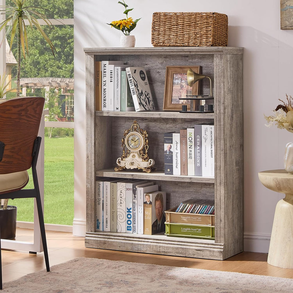 RWYHG 43' Grey Tall Bookshelf,3-Tier Thick Wooden Book Shelf with Adjustable Shelves,Free Standing Farmhouse Bookcase with Open Display Storage,Floor Vintage Bookshelves for Living Room,Office