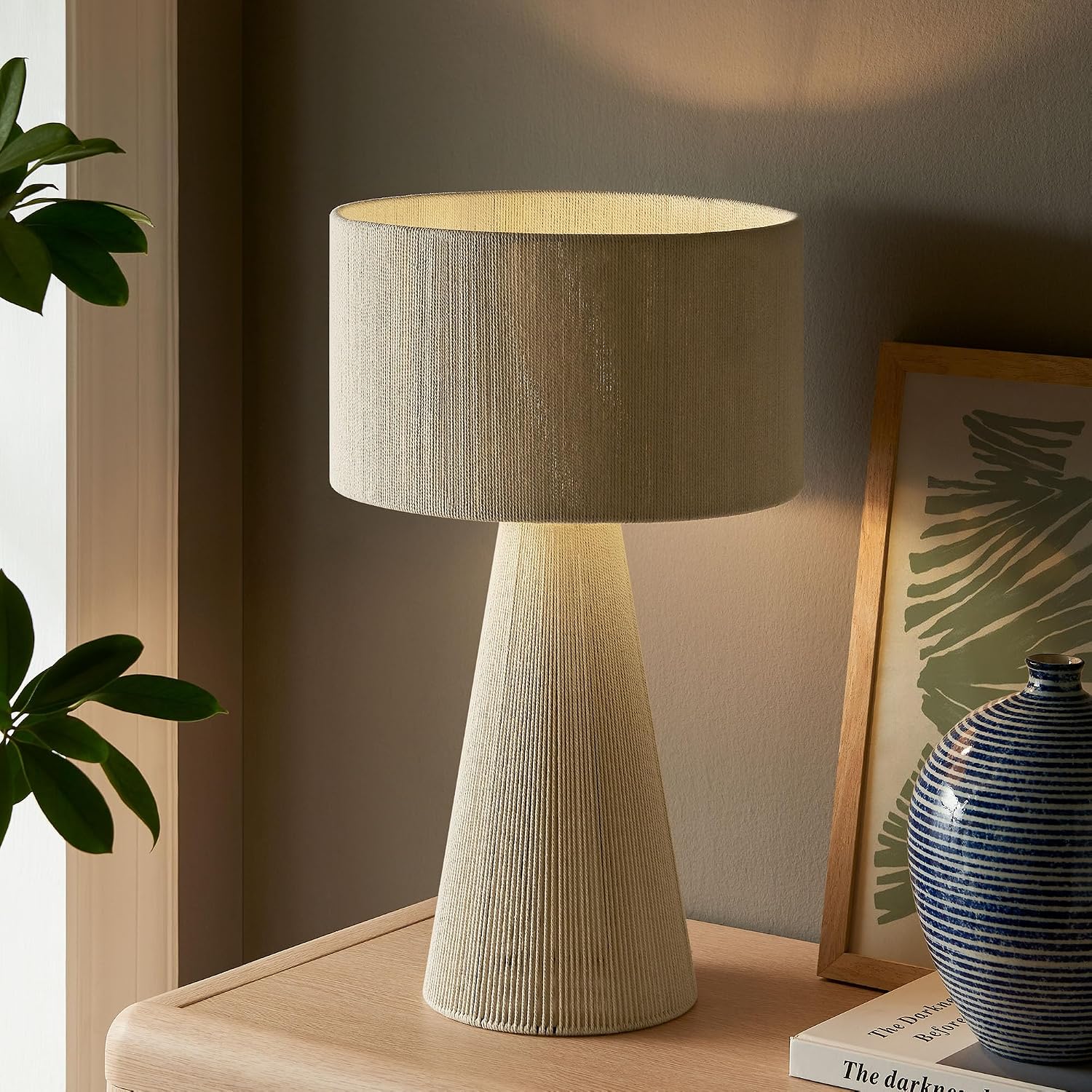 Modway Gia Vintage Modern Cotton Thread Table Lamp in Natural - Unique Retro Boho Accent Lamp with Metal Base and Repeating Stripes Design