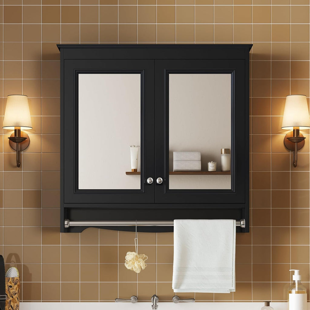 Merax 3-in-1 Bathroom Mirror Cabinet with Adjustable Shelves, Soft Close Doors & Towel Bar, 30' Wall Mounted Medicine Cabinet with High-Definition Mirror, Versatile Storage for Vanity, Bedroom, Black