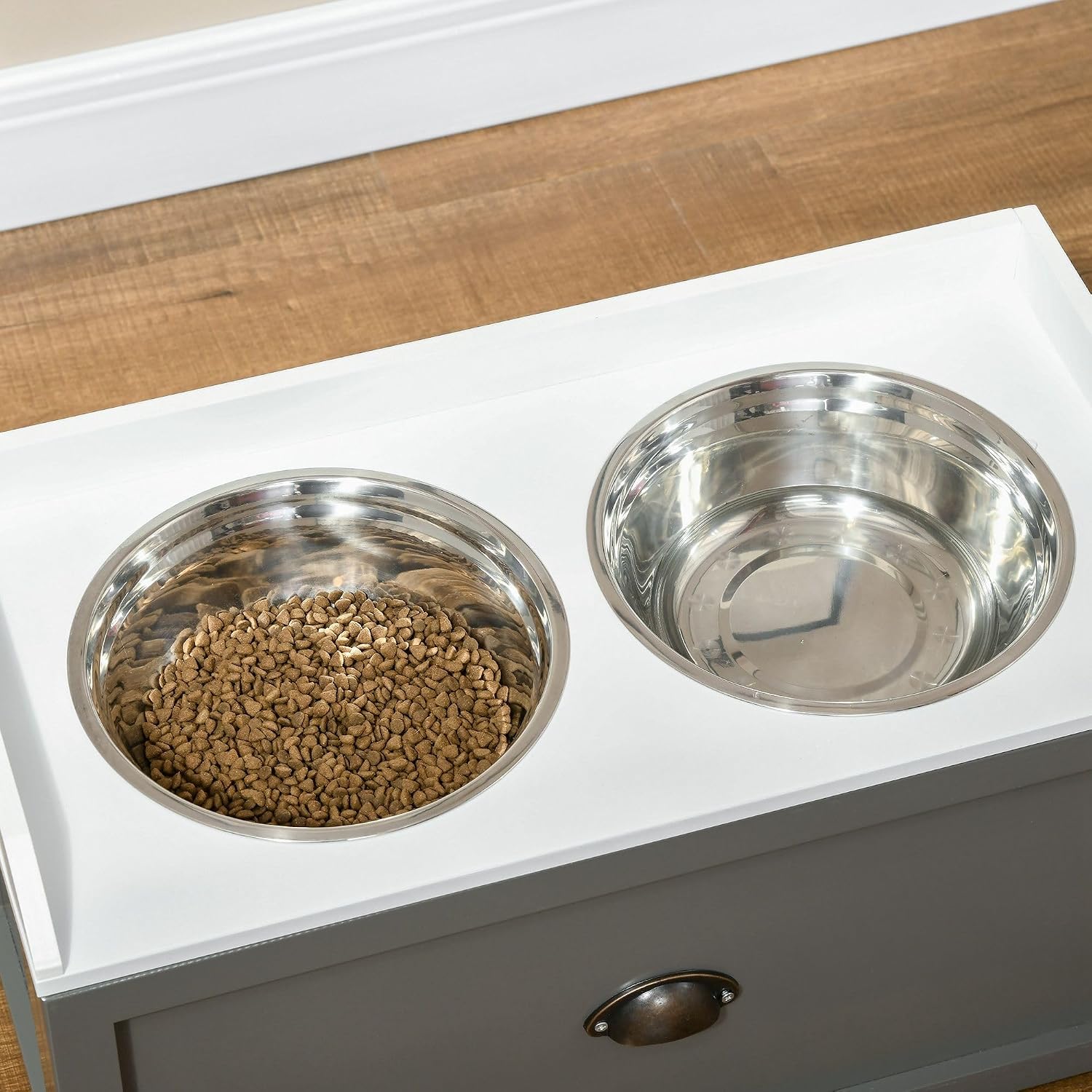 Premium Heavy Duty Elevated Dog Bowl Station with 21 Liters Capacity 2 Stainless Steel Bowls Storage Compartment Anti-Slip Gray