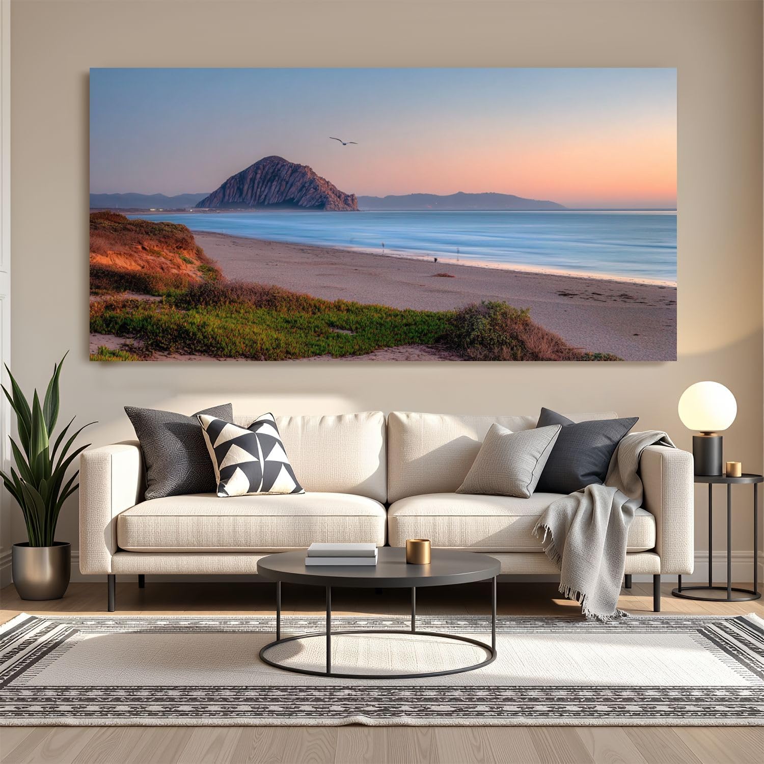 Large Canvas Wall Art 30x60in Beautiful panoramic view Morro bay Morro Rock sunset Painting for Living Room Bedroom Dining Room Wall Decor Home Decorations Aesthetic Artwork Ready To Hang